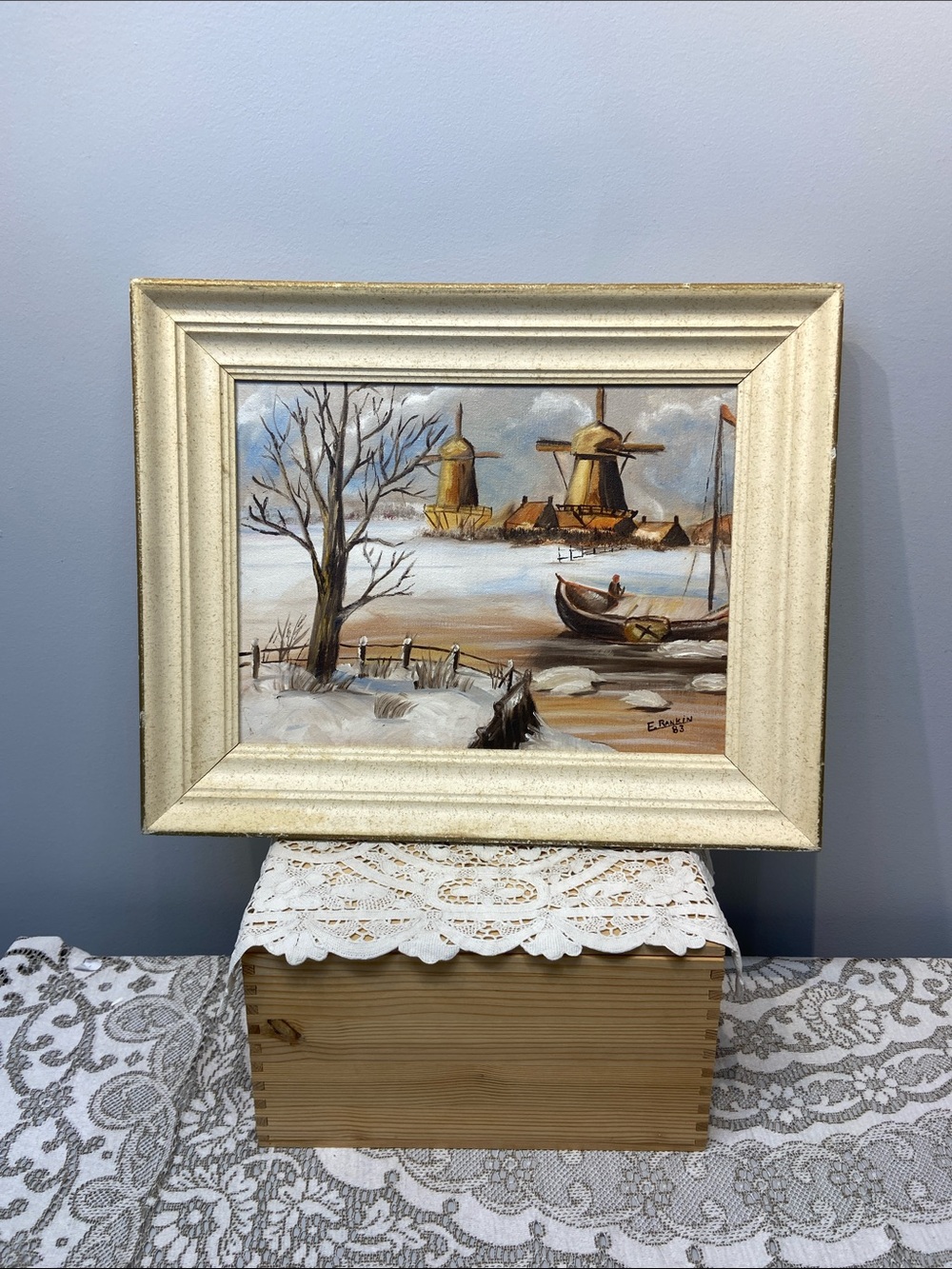 Original Oil Painting of Windmills in Winter Artist Signed